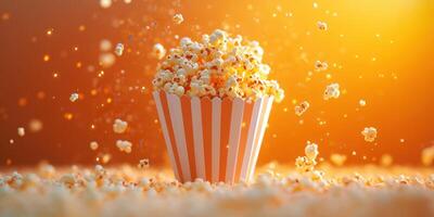 Popcorn bursts into the air from a striped container against a warm sunset background filled with golden light and soft particles photo