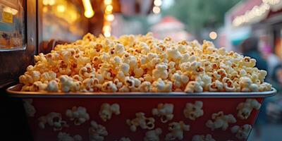 Freshly popped popcorn at a bustling fairground during the evening hours photo