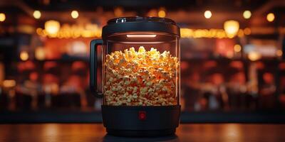 Popcorn machine filled with freshly popped corn in a cozy cinema setting during the evening photo