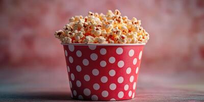 Freshly popped popcorn in a red polka dot cup on a vibrant background ready to be enjoyed during movie night photo