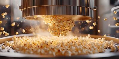 Freshly popped popcorn cascading from a machine in a bright kitchen during a movie night preparation photo