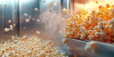 Freshly popped popcorn spills from the machine in a bustling movie theater during an evening screening photo