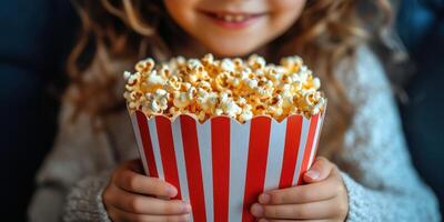 Young child enjoys a large bowl of popcorn while smiling warmly in a cozy indoor setting photo