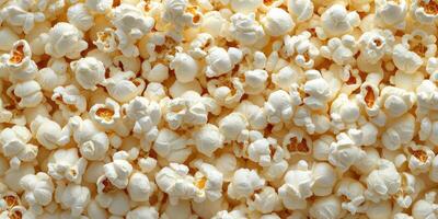 Popcorn is arranged in a scattered pattern, showcasing its fluffy texture and light color, ideal for movie nights or snacking photo