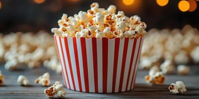 Freshly popped popcorn fills a red and white striped container on a wooden surface with a warm atmosphere photo
