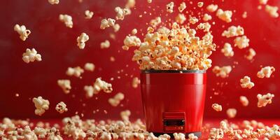 Popcorn bursts from a red machine, creating a playful and dynamic display in a warm setting photo