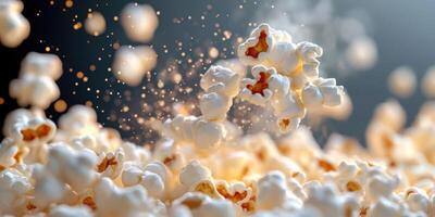 Fluffy popcorn kernels explode in a dynamic display against a dark, textured background photo
