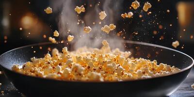 Popcorn bursts from a bowl filling the air with a delicious aroma during movie night at home photo