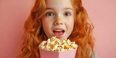 Young girl enjoying a large bowl of popcorn against a pink background, radiating joy and excitement during a fun snack time photo