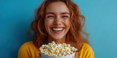 Laughter and joy as a young woman enjoys a bowl of popcorn against a blue background photo