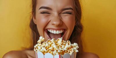 Young woman enjoys popcorn with a joyful expression against a vibrant yellow background photo