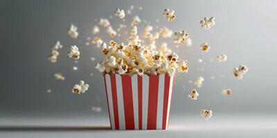 Popcorn bursts out of a red and white striped container in a dramatic display against a plain background photo