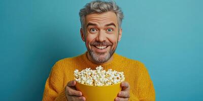 Cheerful man holding a bowl of popcorn in a brightly colored setting while enjoying a moment of relaxation photo