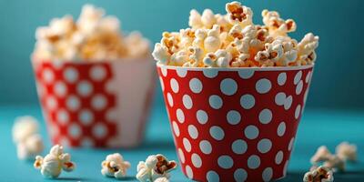 Freshly popped popcorn served in colorful polka dot containers against a vibrant blue backdrop photo
