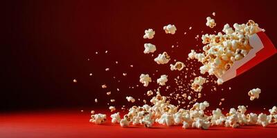 Freshly popped popcorn spilling from a red container onto a vibrant red surface photo