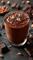 Rich chocolate mousse topped with chocolate chips and hazelnuts garnished on a dark surface photo