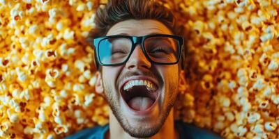 Joyful young man enjoying popcorn while lying on a bed of popcorn kernels in a playful atmosphere photo
