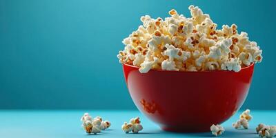 Freshly popped popcorn piled high in a vibrant red bowl against a blue background photo