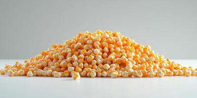 Bright yellow corn kernels arranged in a mound on a neutral background for food preparation photo