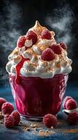 Decadent raspberry dessert with fluffy meringue and a drizzle of raspberry sauce, showcasing a stylish presentation photo