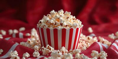 Delicious red and white striped popcorn bowl on a plush red fabric background creating a cozy snack moment photo