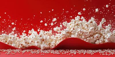 Exploding popcorn kernels creating a vibrant display against a red background photo