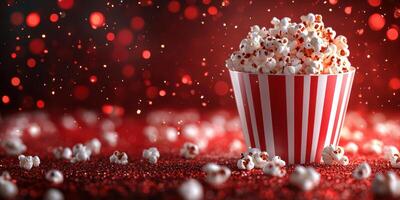 Colorful popcorn in a striped bucket with scattered kernels and a festive backdrop photo