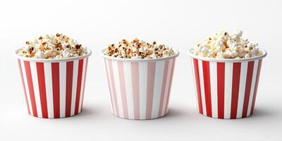 Different styles of popcorn in red and white striped cups arranged on a clean surface photo