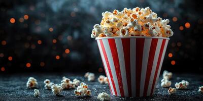 Classic popcorn bucket filled with fluffy popcorn on a dark background with bokeh lights photo