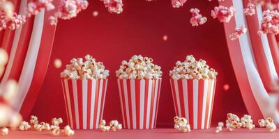 Colorful popcorn display in striped containers against a vibrant red backdrop, creating a festive atmosphere for movie watchers photo