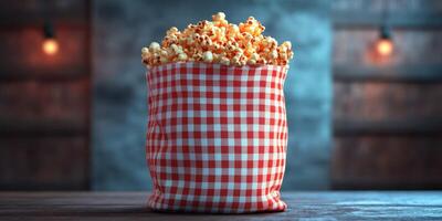 Delicious popcorn in a checkered bag placed on a wooden surface with a cozy background setting and warm lighting photo
