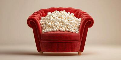 Cozy red chair overflowing with fluffy popcorn invites relaxation for movie time enjoyment at home photo