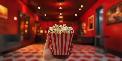 Hand holding popcorn in a vibrant cinema with red decor and warm lighting at a movie theater photo