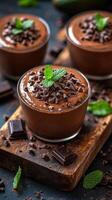 Decadent chocolate mousse served in elegant glasses with mint leaves and chocolate shavings for a delightful dessert experience photo
