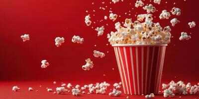 Popcorn spills from a striped bucket against a vibrant red backdrop creating a lively and dynamic scene photo
