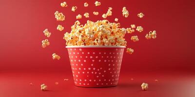 Freshly popped popcorn in a red container with vibrant splashes on a bright background photo