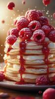Stack of fluffy pancakes topped with fresh raspberries and syrup in soft morning light photo
