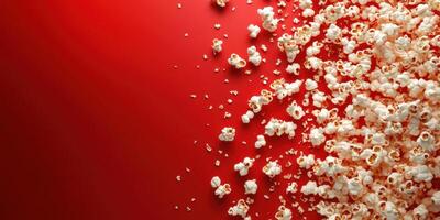 Popcorn scattered across a vibrant red surface creates a playful and inviting snack display photo