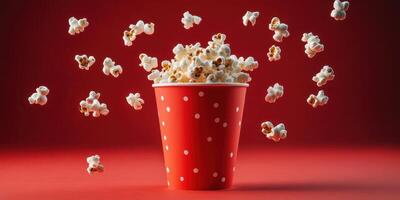 Popcorn overflowing from a red polka dot bucket against a vibrant red background photo