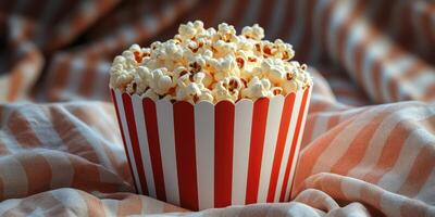 Classic popcorn in a striped container on a cozy blanket ready for movie night at home photo