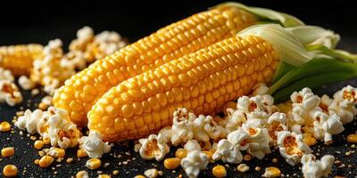 Fresh yellow corn ears surrounded by fluffy popcorn kernels on a dark surface photo