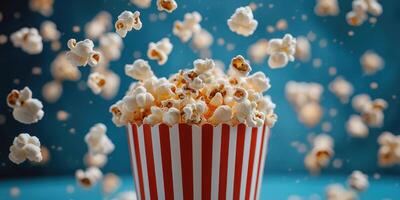 Freshly popped popcorn bursting from a striped container against a vibrant background photo