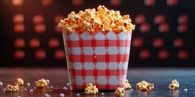 Delicious popcorn in a red and white checkered paper cup against a blurred background photo