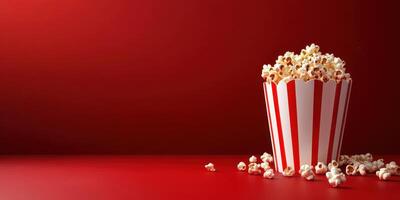 Freshly popped popcorn in a striped container on a vibrant red background perfect for movie night snacks photo