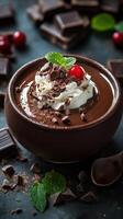 Rich chocolate mousse topped with cream, cherry, and chocolate shavings in a rustic bowl on a textured background photo