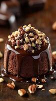 Indulgent chocolate dessert topped with crushed nuts on a rustic wooden table photo