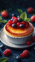 Delicious dessert featuring creamy custard topped with fresh berries and mint leaf on a dark background photo