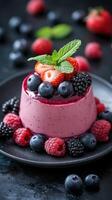 Delicious dessert featuring mixed berries and mint garnish on a dark background photo
