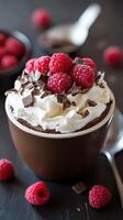 Delicious dessert featuring a creamy chocolate treat topped with whipped cream, raspberries, and chocolate shavings photo
