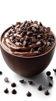 Decadent chocolate dessert topped with rich chocolate chips in a stylish bowl on a white background photo